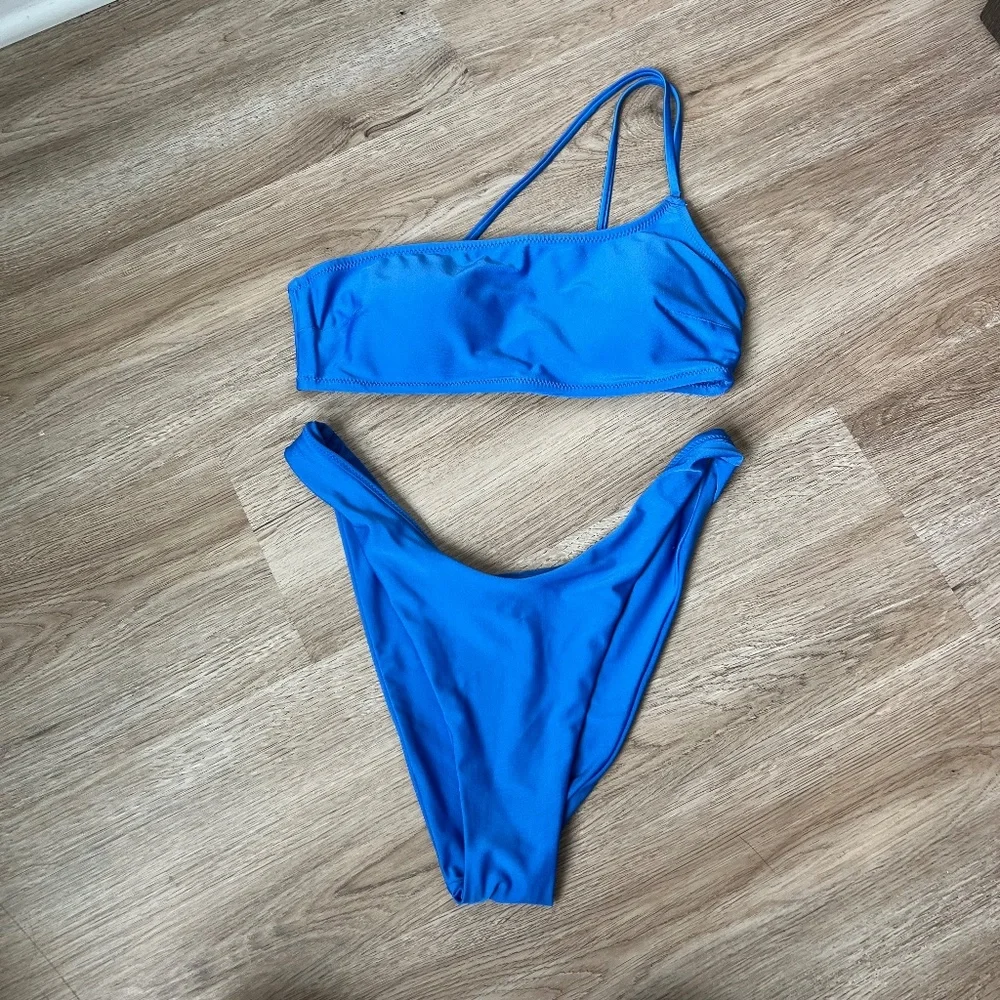 aerie Bright Blue One-Shoulder Bikini Set